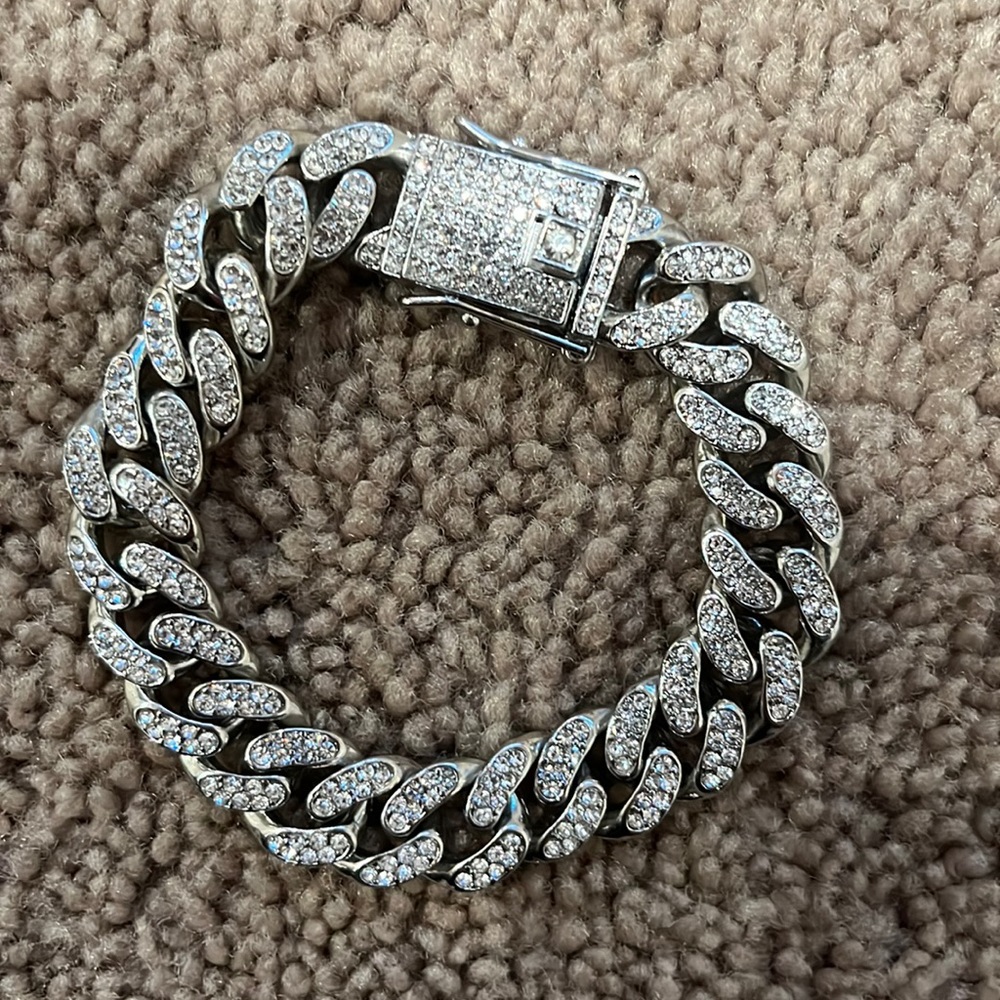 Diamond silver Cuban link bracelet.